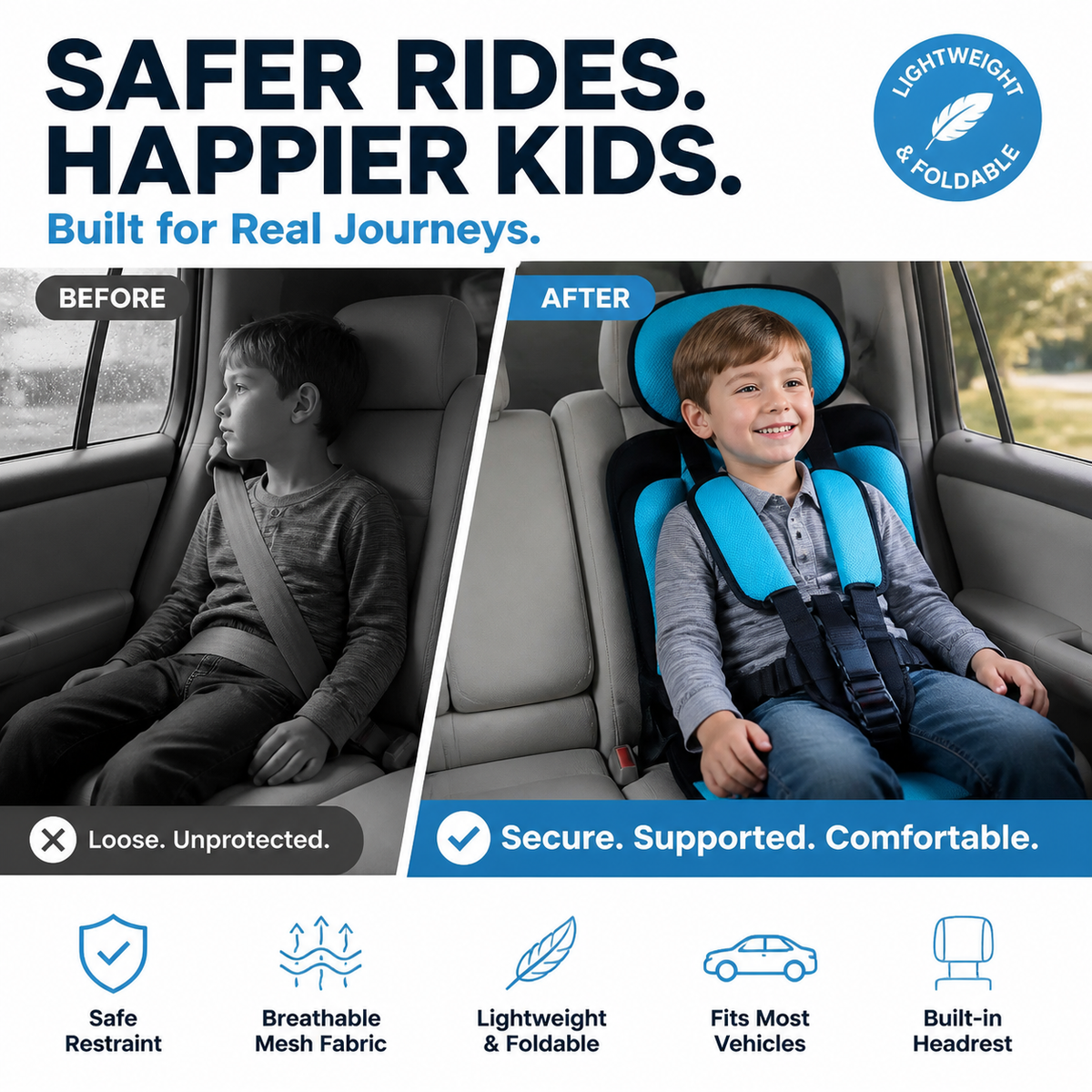 📢📢50% OFF !! ⏰Portable Car Seat – 5-Point Safe, Folds Anywhere